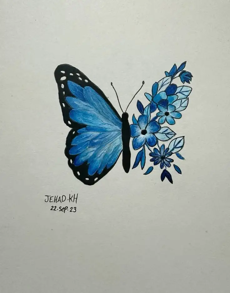 Blue butterfly with floral wing design, hand-drawn with intricate details.