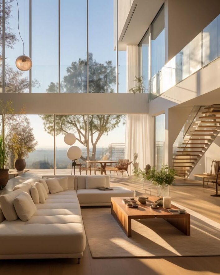 Luxurious modern living room with large windows, stylish furniture, bright natural light, and a serene outdoor view.