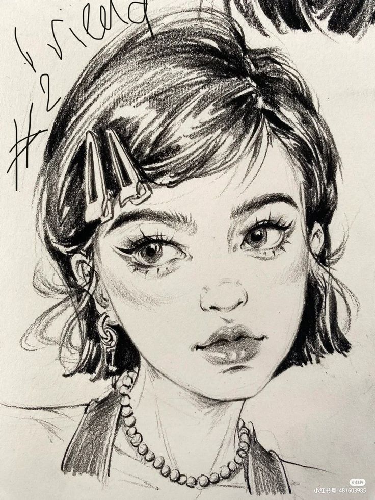 Sketch of a young woman with short hair and hairpins, wearing earrings and a necklace, showcasing detailed pencil art.