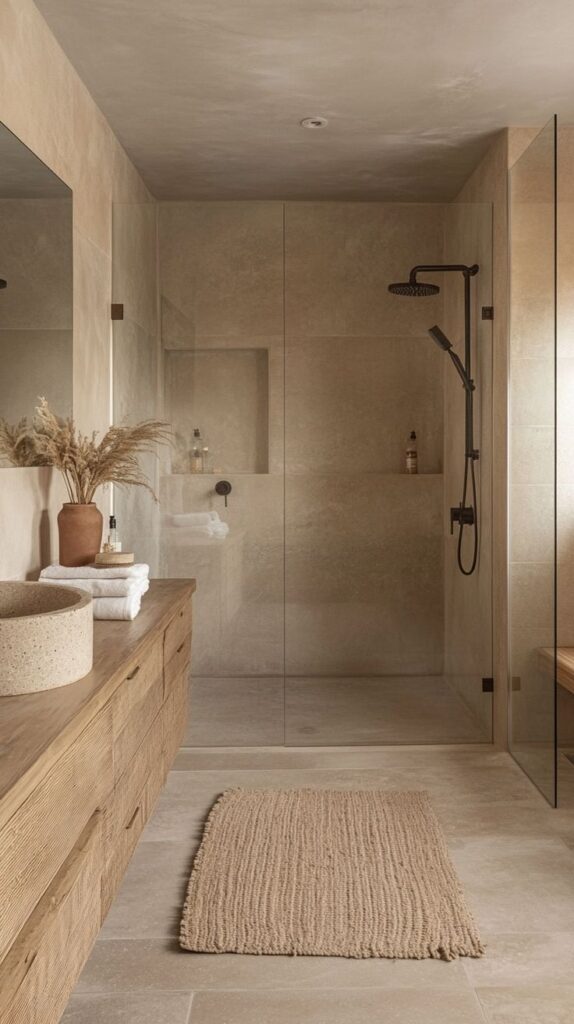 Modern minimalist bathroom with stone shower, wooden vanity, and neutral decor.