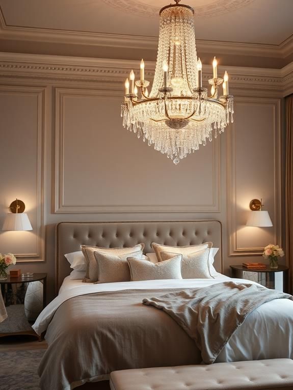 Luxurious bedroom with elegant chandelier and plush bedding in a cozy, warmly lit setting.