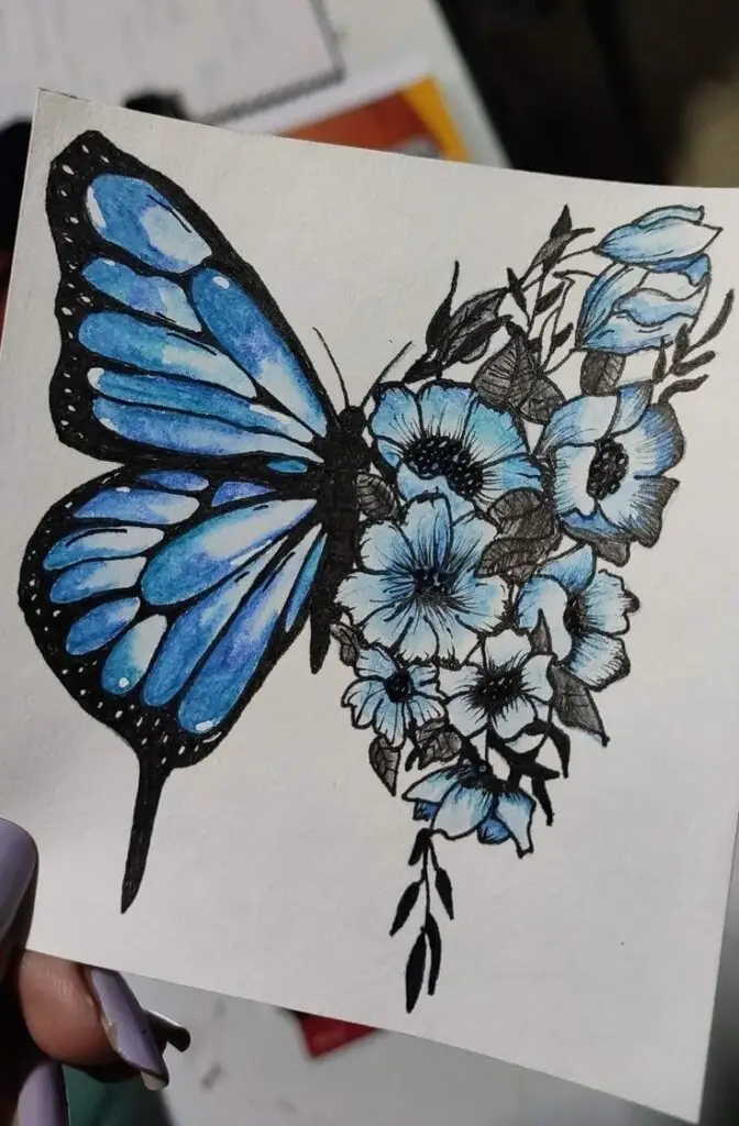Illustration of a blue butterfly merging with flowers, creating an artistic blend of nature's beauty.