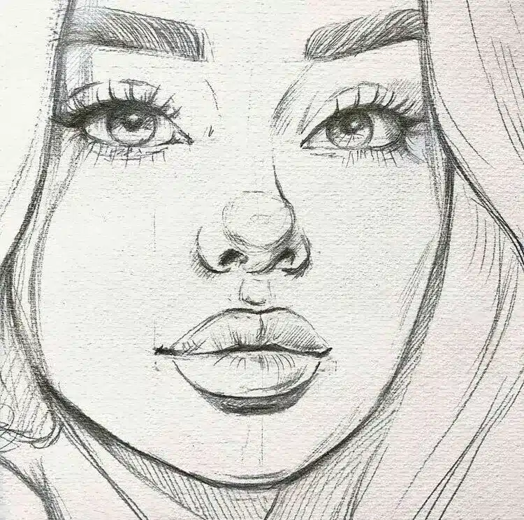 Pencil sketch of a woman's face focusing on expressive eyes and full lips, highlighting artistic detail and texture.