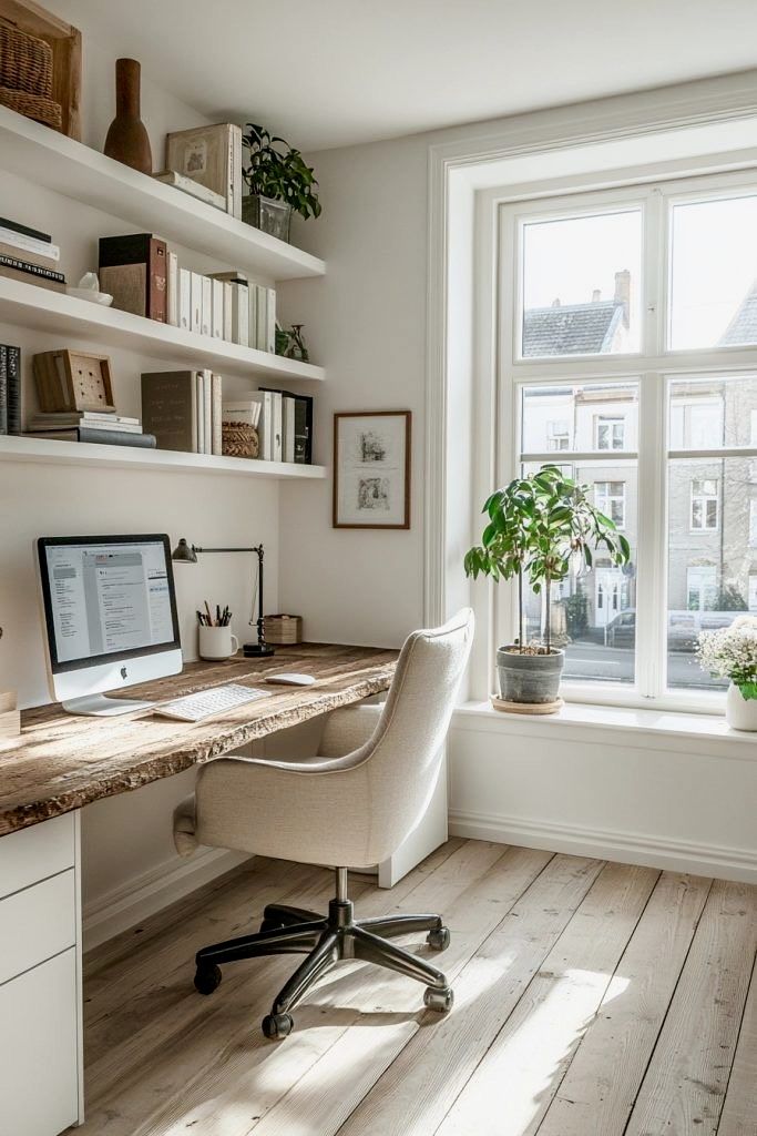 Bright home office with wooden desk, modern chair, computer, shelves, and large window for natural light and greenery.