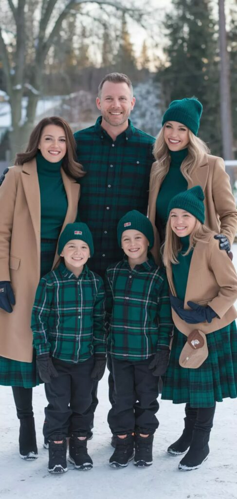 Family in coordinated green plaid outfits posing outside on a snowy day.