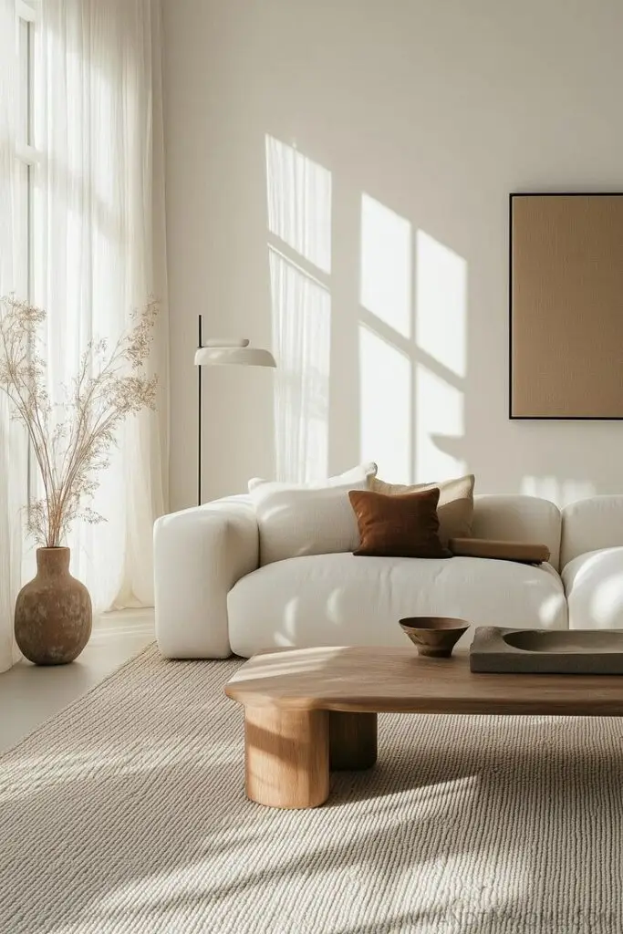 Minimalist living room with white sofa, wooden table, beige accents, and natural light through sheer curtains.