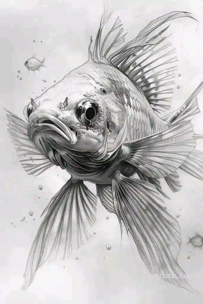 Detailed pencil drawing of a fish with flowing fins, surrounded by bubbles in water.