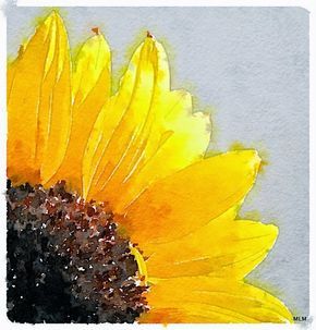 Watercolor painting of a vibrant yellow sunflower with a dark center against a light gray background.