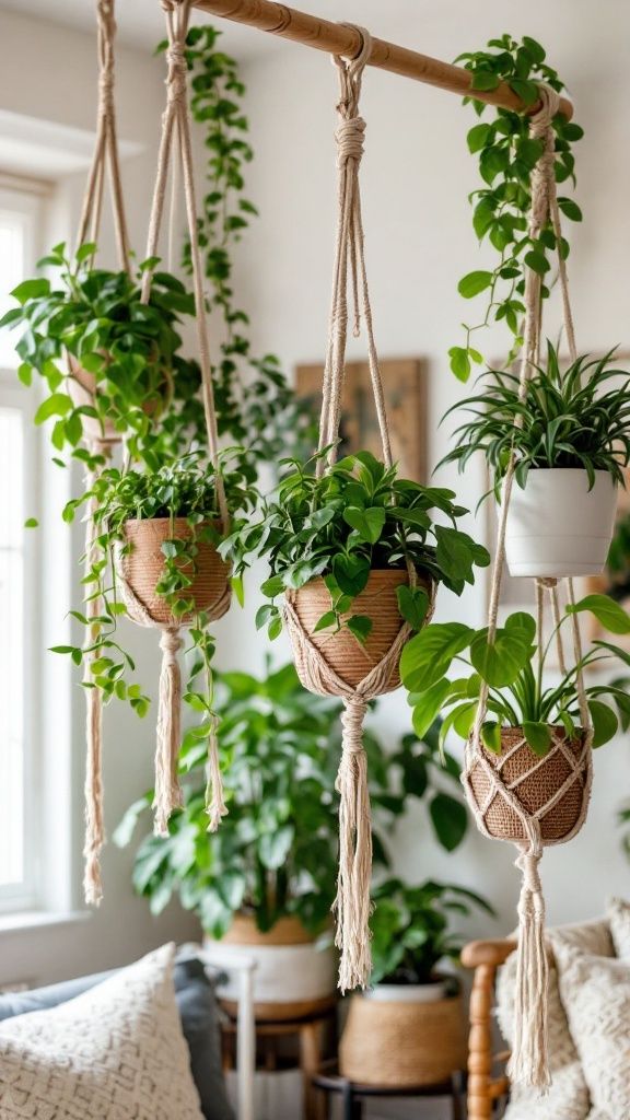 Hanging macramé planters with lush green indoor plants in a cozy, sunlit room with natural decor.