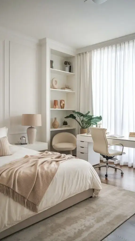 Modern bedroom with cozy bed, beige decor, white desk, and natural lighting through sheer curtains.