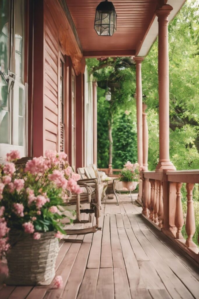 Charming wooden porch with pink flowers and rocking chairs, surrounded by lush greenery and classic architecture.