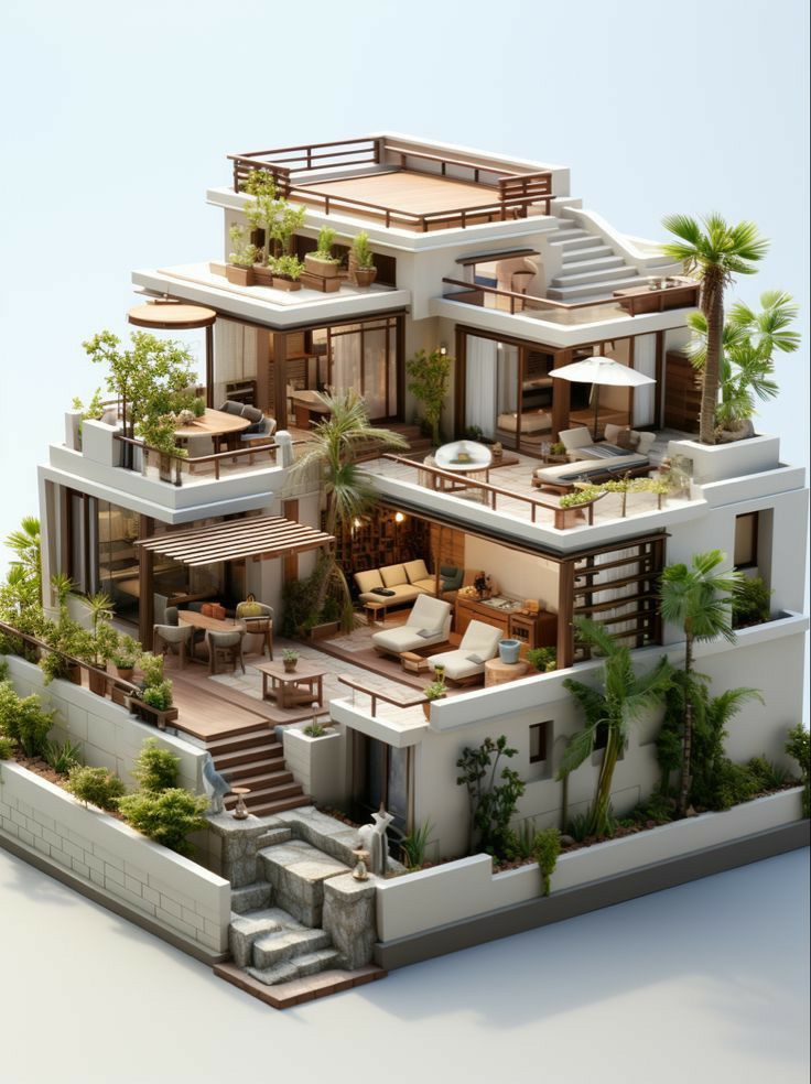 Modern multi-level house with terraces, greenery, and open seating areas, showcasing architectural elegance and outdoor living.