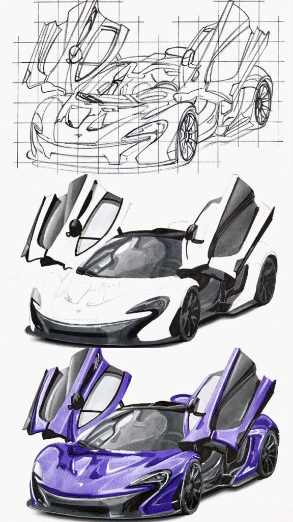 Sketches and designs of a sports car with butterfly doors in white and purple variants.