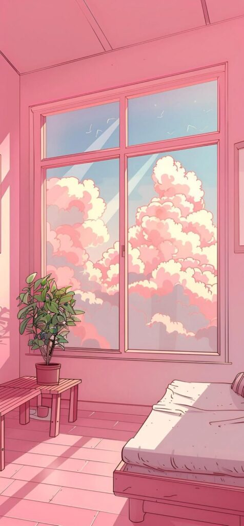 Cozy pink-themed room with potted plant, bed, and large window showcasing fluffy clouds and vibrant sky.