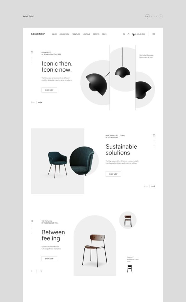 Modern furniture theme webpage featuring iconic lamp and chair designs from &Tradition.