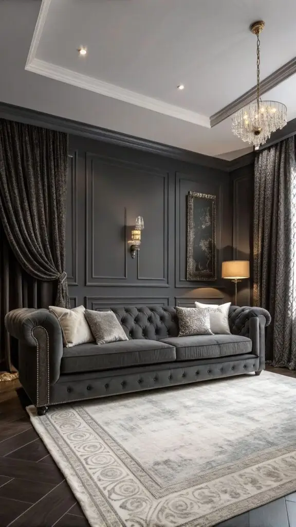 Elegant living room with a dark gray tufted sofa, ornate chandelier, and stylish decor accents.