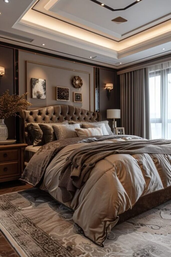 Luxurious bedroom with tufted headboard, elegant bedding, and decorative wall art in soft lighting.