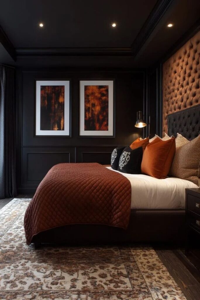 Luxurious dark-themed bedroom with rich textures, large bed, warm tones, and abstract wall art.