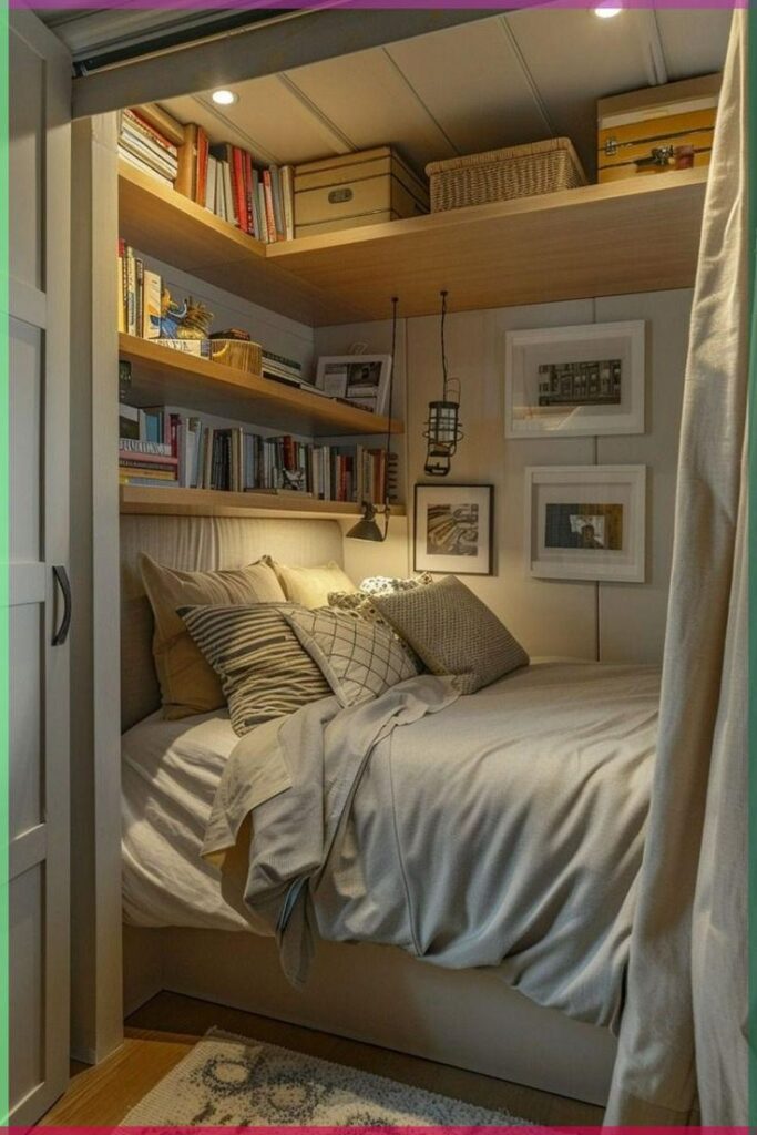 Cozy small bedroom with bookshelf, warm lighting, and neutral bedding ideal for a snug, inviting atmosphere.