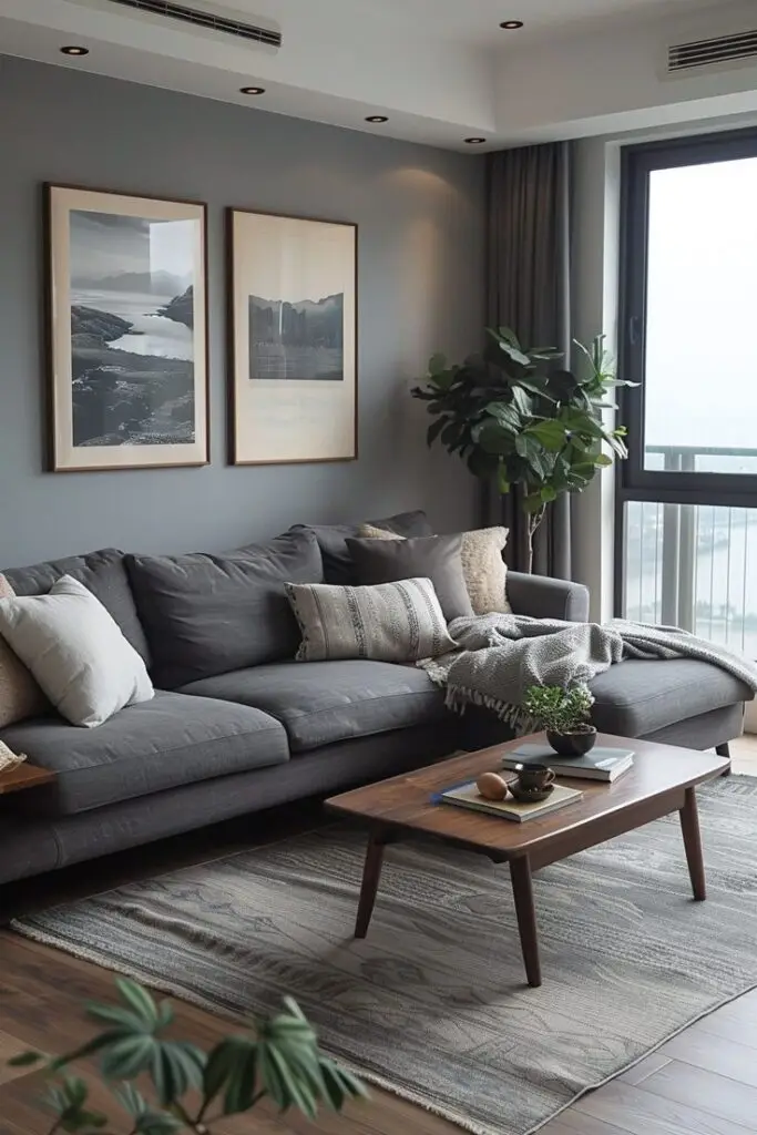 Modern living room with grey sofa, cozy pillows, wooden coffee table, wall art, and potted plant by large window.