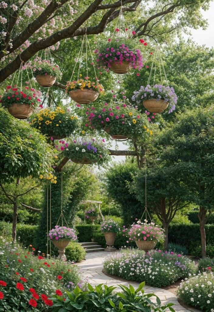 Lush garden with hanging pots of colorful flowers, vibrant blooms, and serene pathway under a canopy of trees.