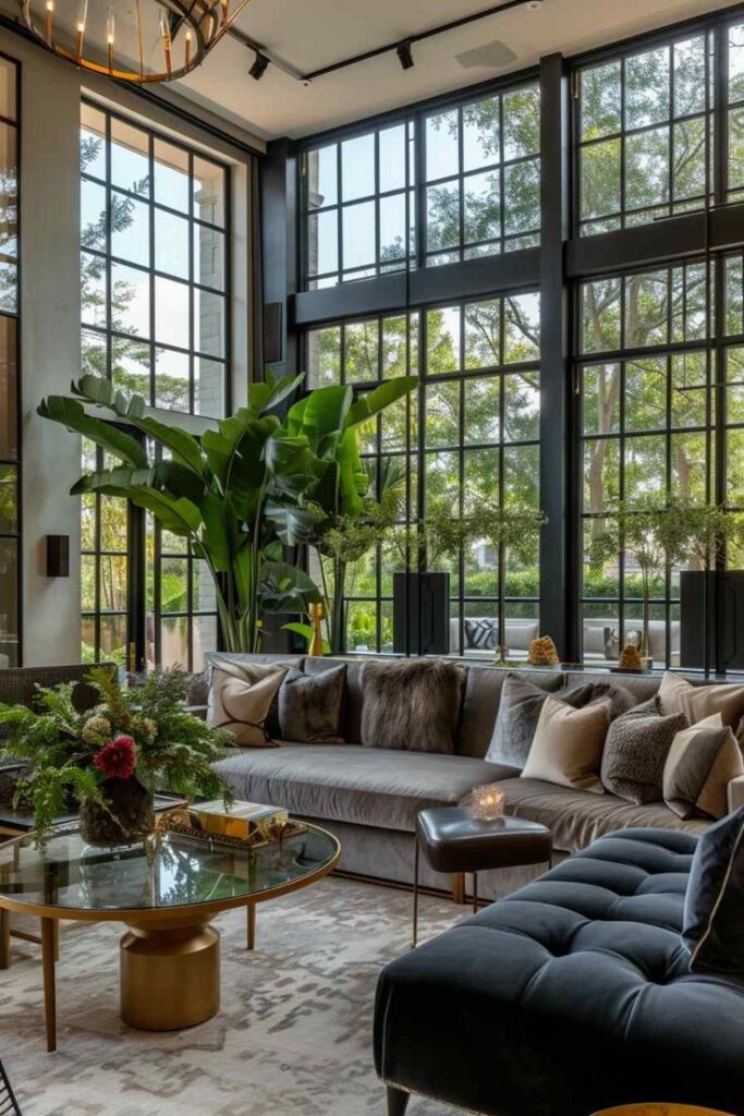 Modern living room with large windows, cozy sectional sofa, indoor plants, and elegant decor elements for a contemporary feel.