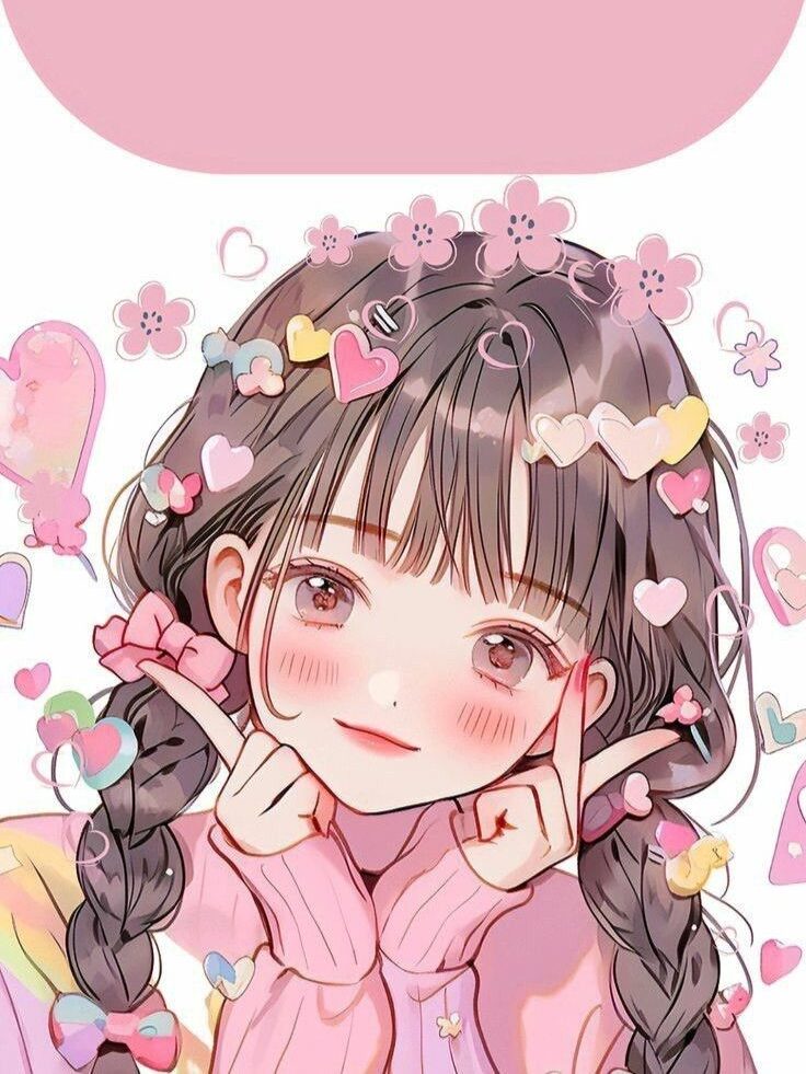 Cute anime girl with pigtails, surrounded by hearts and flowers on a pink background, smiling playfully.