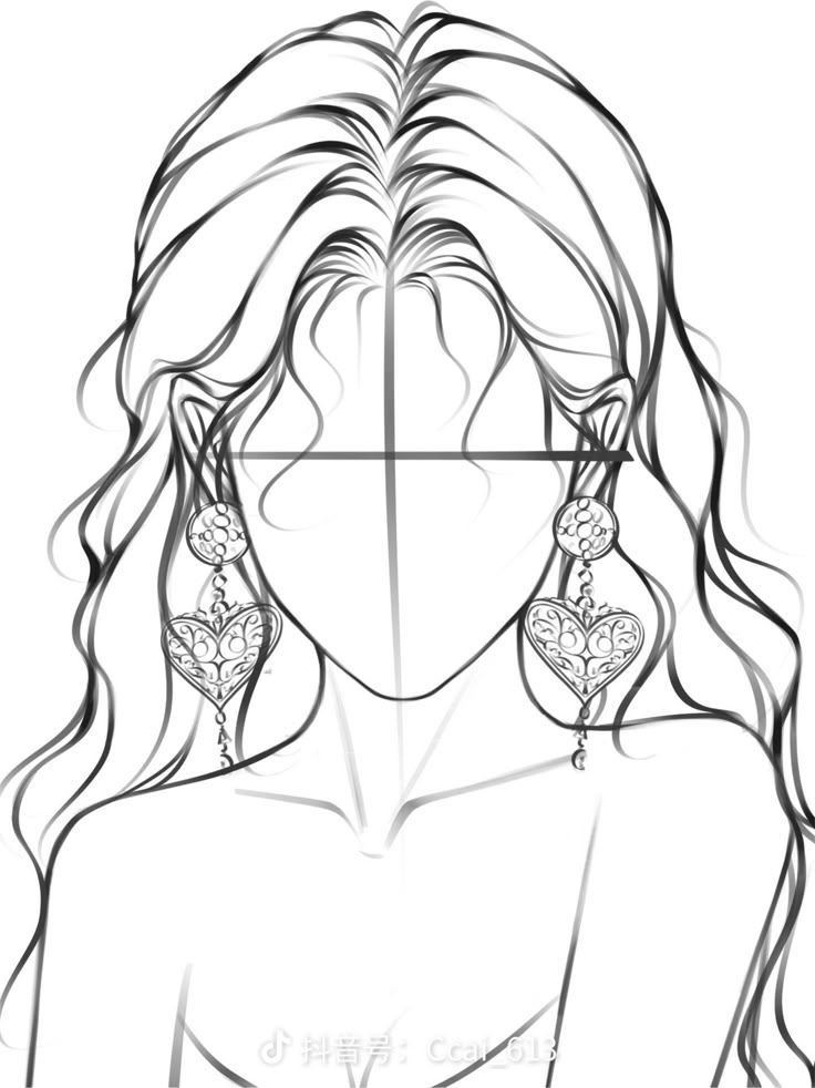 Line art of a woman with long wavy hair wearing heart-shaped earrings, faceless head with guide lines.