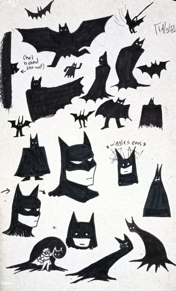 Dark, whimsical bat drawings, including characters in capes and masks, with captions and ear wiggle details. Batman Drawing