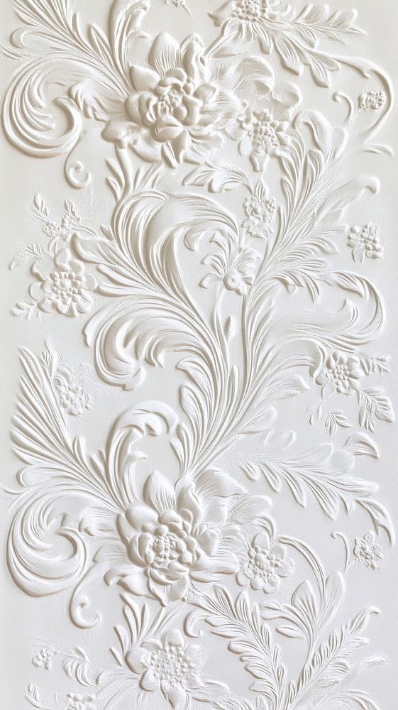 Intricate white floral embossed pattern on sophisticated wallpaper for elegant interior design.