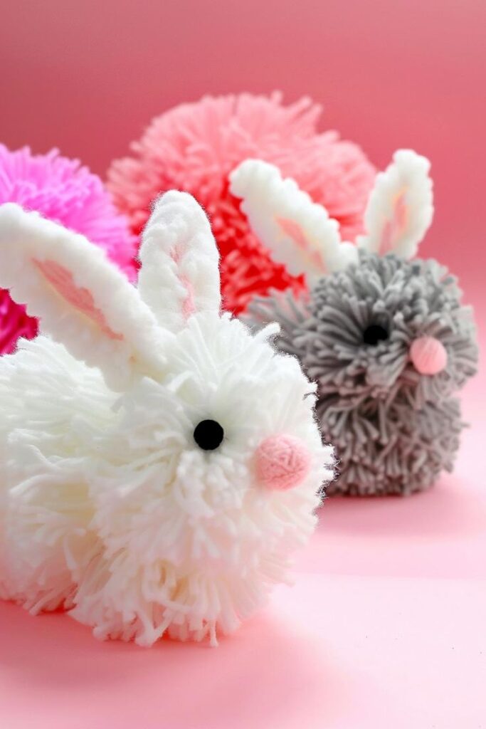 Fluffy yarn pom-pom rabbits with pink, white, and gray colors on a soft pink background. Perfect for Easter decor.