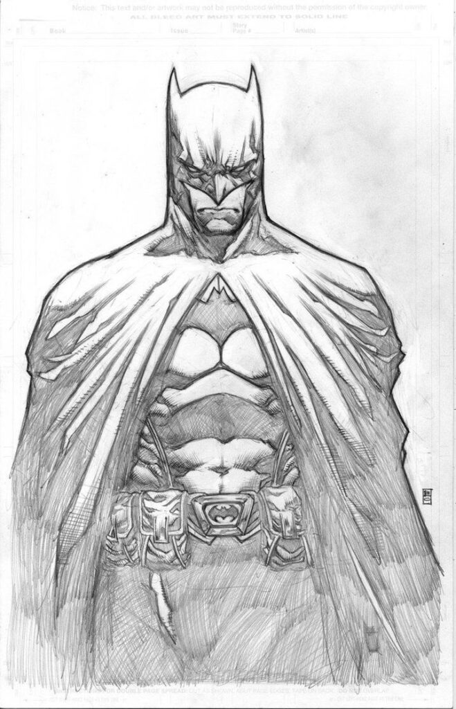 Black and white pencil sketch of a superhero wearing a cape and utility belt, exuding a serious, muscular presence.