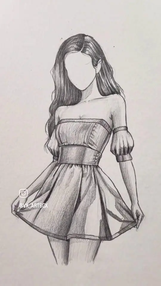 Black and white sketch of a faceless woman in an off-the-shoulder dress. Art by @vk_artbox.