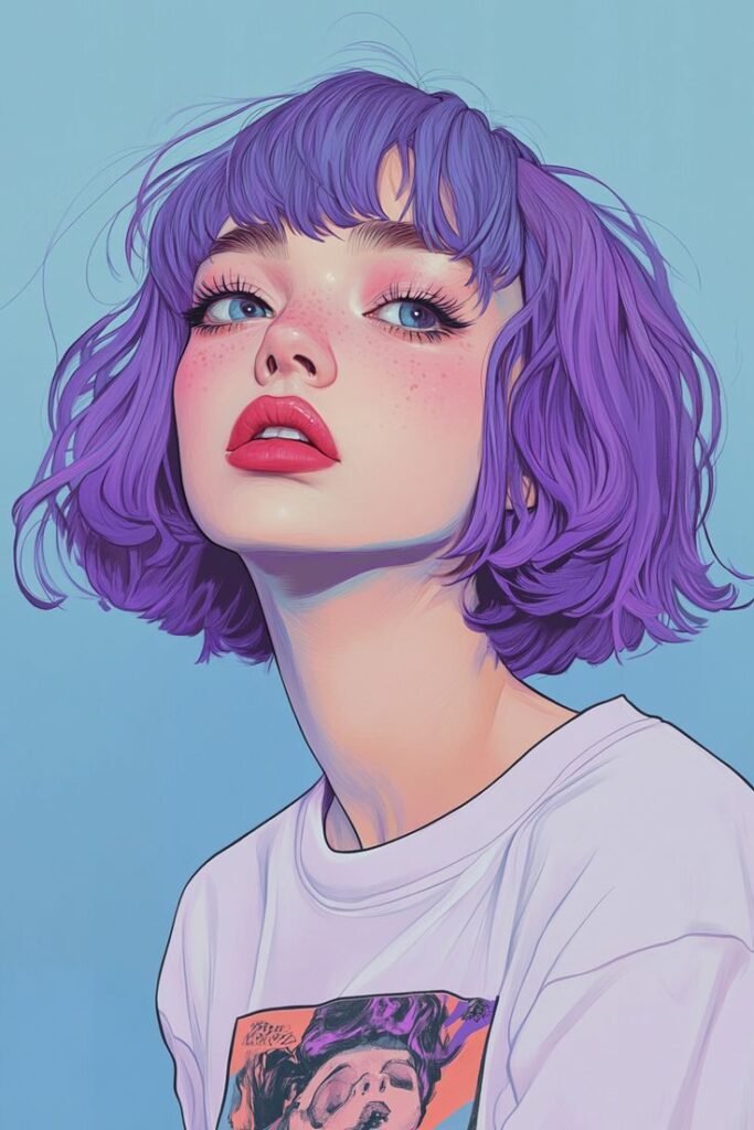 Illustration of a woman with short purple hair and freckles, wearing a graphic tee, on a blue background.