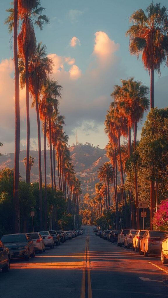 Scenic road lined with palm trees during sunset in Hollywood, view of hills in background.