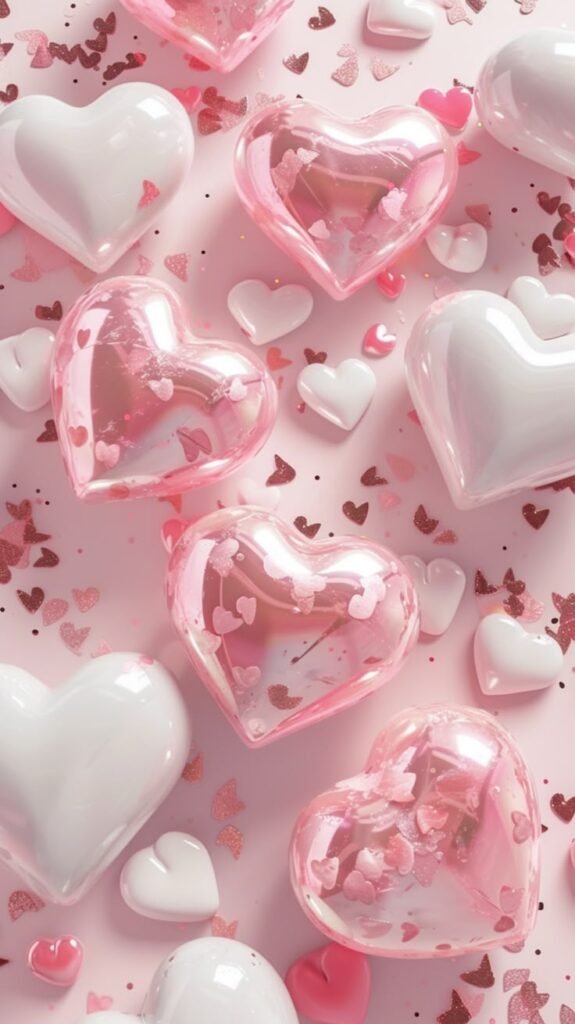 Pink and white heart-shaped balloons with confetti, perfect for Valentine's Day or romantic celebrations.