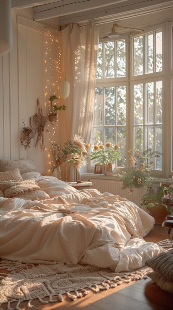 Cozy bedroom with morning light, plants, and warm bedding; peaceful atmosphere in a boho-chic style.