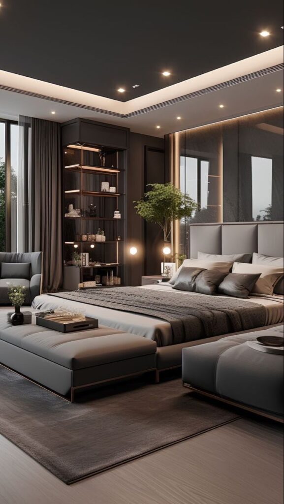 Luxurious modern bedroom with gray decor, elegant lighting, cozy armchair, and stylish bookshelves. Perfect for relaxation.