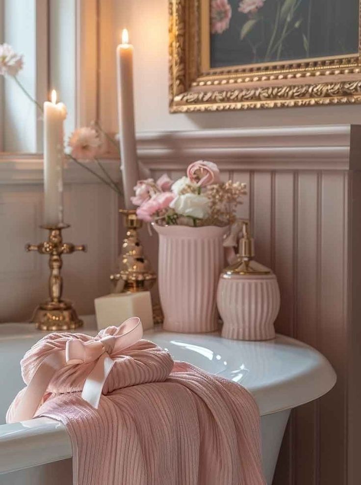 Elegant bathroom with pink towels, candles, and a floral vase on a clawfoot tub, evoking a vintage aesthetic.