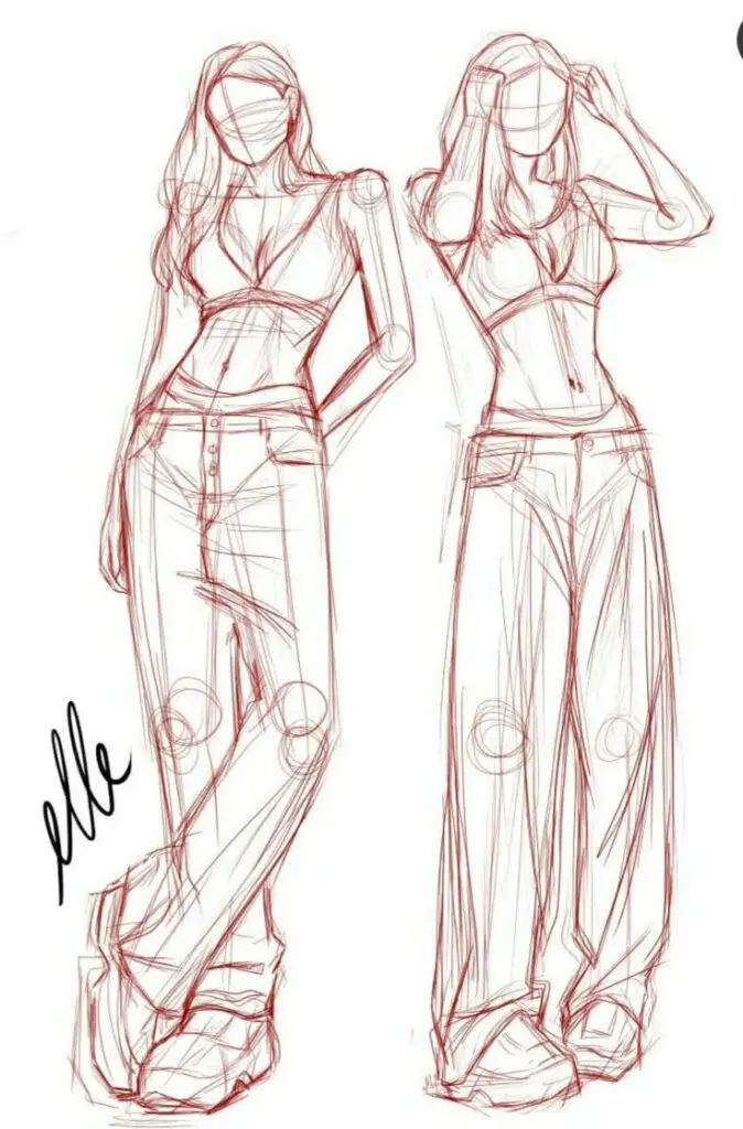 Fashion illustration sketch of two women in stylish outfits with loose jeans and crop tops.