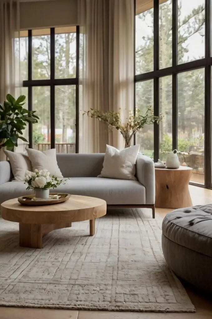 40+ Modern Cozy Living Room Ideas _ Cozy Apartment Living Room Designs 🛋️✨ Modern living room with large windows, gray sofa, wooden coffee table, and plants. Cozy and bright interior design. | Sky Rye Design Modern living room with large windows, gray sofa, wooden coffee table, and plants. Cozy and bright interior design.