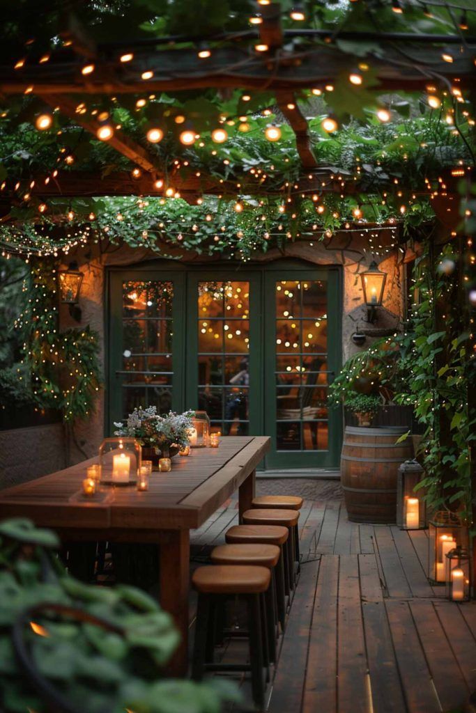 Cozy outdoor patio with string lights, candles, and wooden furniture under lush greenery. Perfect evening ambiance.