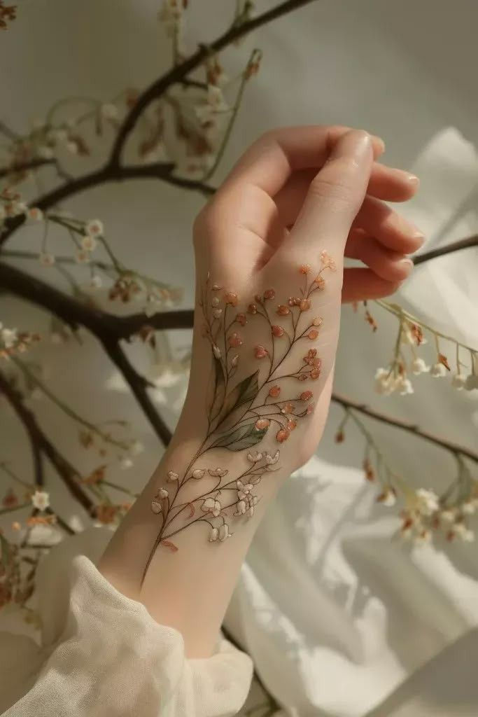 Hand with delicate floral tattoo against a natural background, showcasing light and artistic expression.