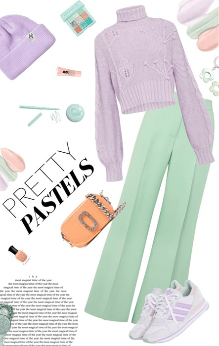 Pastel fashion collage featuring a purple sweater, mint pants, sneakers, accessories, and Pretty Pastels text.