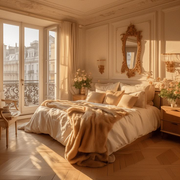 Elegant Parisian bedroom with luxurious bed, ornate mirror, and soft sunlight streaming through large windows.