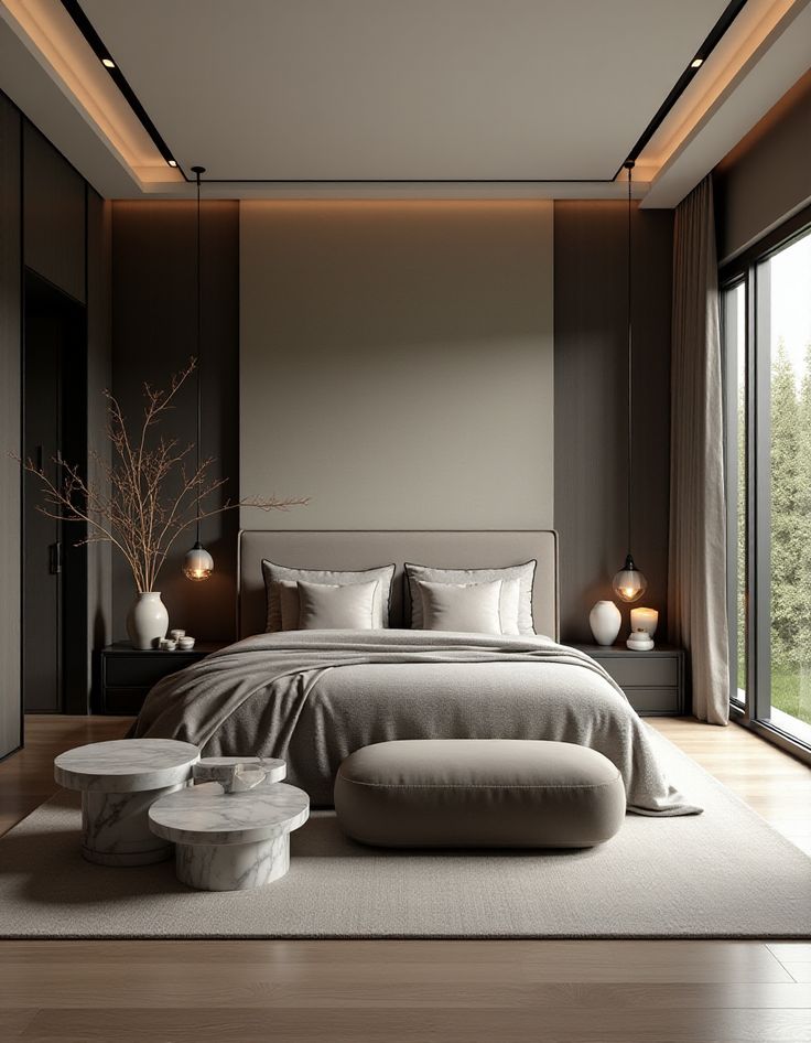 Modern bedroom with neutral tones, elegant decor, and large window view. Cozy bed, stylish furniture, and soft lighting.