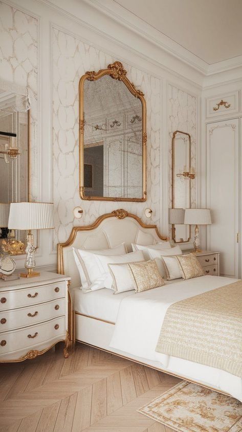 Luxurious bedroom with ornate gold accents, elegant mirrors, and plush bedding creates a sophisticated and cozy ambiance.