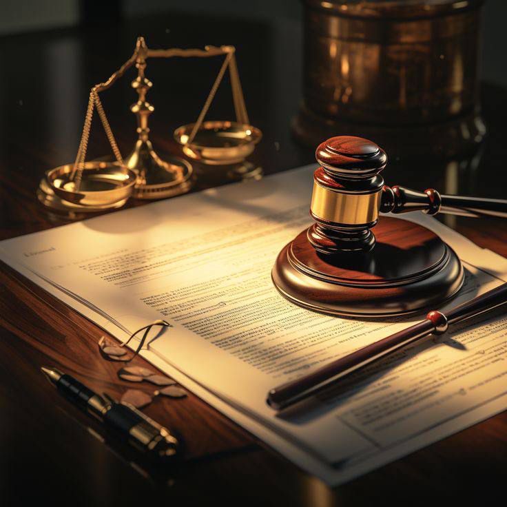 Gavel and law book on a wooden desk, symbolizing justice and legal proceedings, with scales of justice in the background.