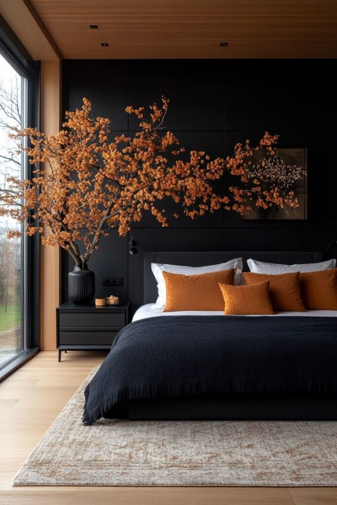 Modern bedroom with black accents, orange pillows, large window, and decorative tree branch for a cozy ambiance.