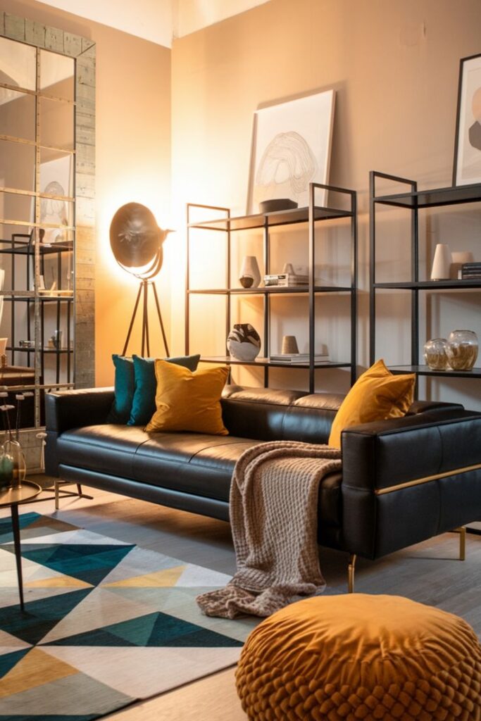 Modern living room with black leather couch, colorful pillows, geometric rug, and decorative shelving. Cozy ambiance.